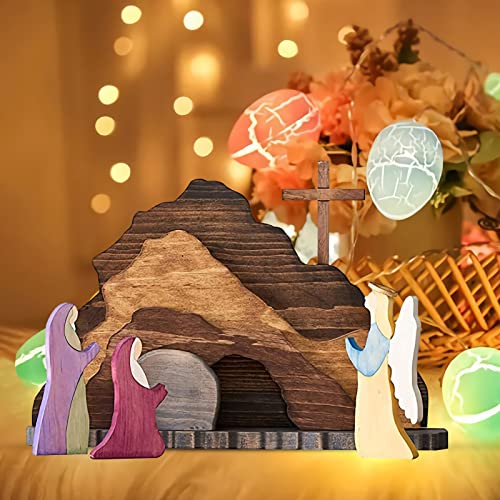 Wooden Easter Resurrection Scene Set, Empty Tomb and Cross Decor