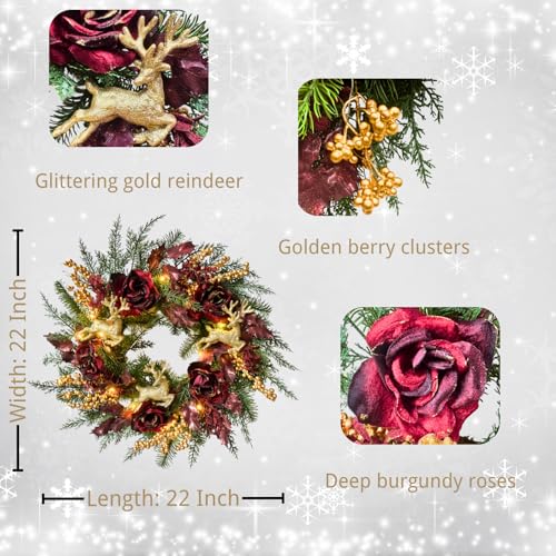 Svndlyn 22-Inch Burgundy Lighted Christmas Wreath with Timer and Reindeer