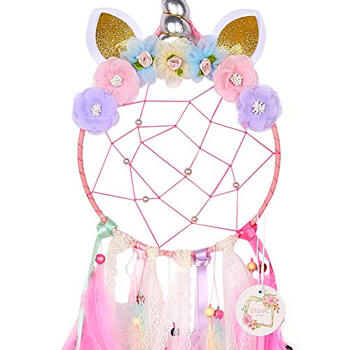 Unicorn Dream Catcher Wall Decor for Kids Bedroom with Feathers and Pearls