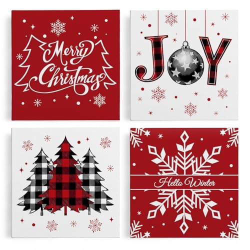 APJYM Red Buffalo Plaid Christmas Wall Art - Framed 11x14, Set of 4 (RESD19) Farmhouse Holiday Decor