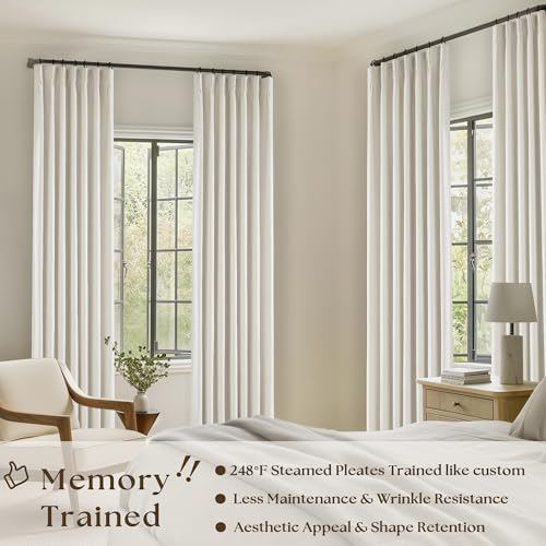 100% Blackout Pinch Pleat Linen Curtains, 2 Panels (90 Inch, Cream)