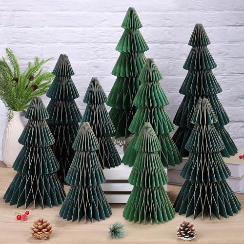 Aneco Green 9 Pcs Honeycomb Christmas Trees Set with Glitter Edges - Medium Size Holiday Decor