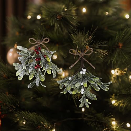 Mistletoe Hanging Ornament - 2 Pack Christmas Decor with Red/White Berries