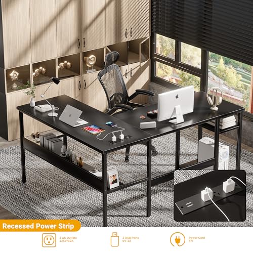 Reversible L-Shaped Computer Desk with Power Outlets and USB Charging Ports