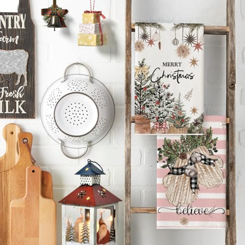 Pink Christmas Kitchen Towels Set of 4 18x26 Inches - Artoid Mode Holiday Dish Cloths