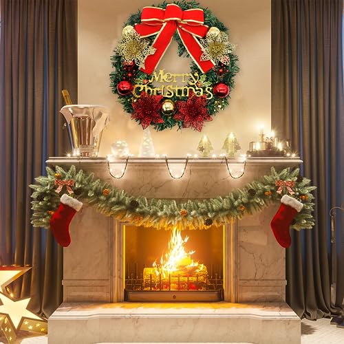 LIYUANBAIHUO 13-inch Christmas Wreath H-03 with Bells, Red Bow, Green Pine, Door/Wall Decoration