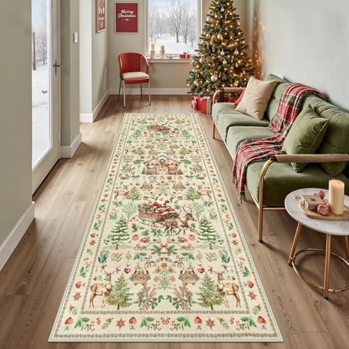 Rugalia Christmas Runner Rug 2.7x8 Beige Santa Claus Washable Hallway Rug