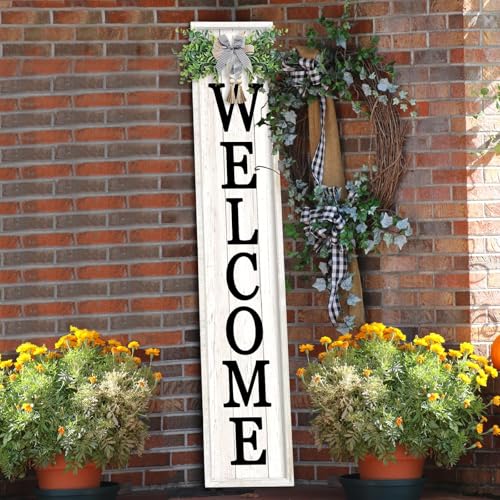 45-Inch Rustic Farmhouse Welcome Sign for Porch, White Wood Vertical Leaner