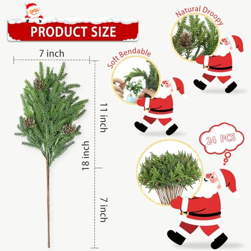 RHTRJ 24 Pcs Christmas Greenery Pine Cones Stems - Bendable Realistic Faux Pine Branches for Vase Garland Wreath