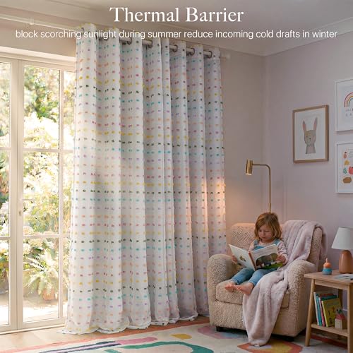 Rainbow Pom Pom Blackout Curtains, Double Layer Tulle Window Drapes, 52x84
