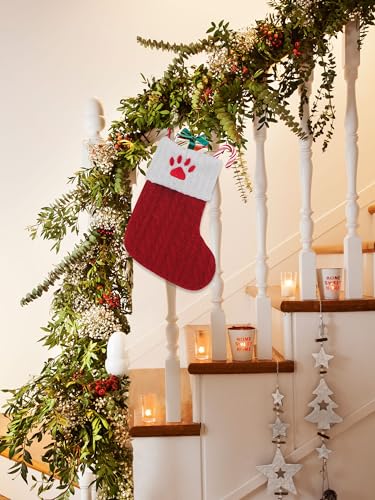 Mini Red Knit Christmas Stocking with Dog Paw Embroidery - 7 Inch