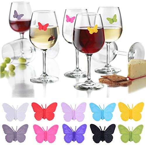 Butterfly Silicone Wine Glass Markers Set of 10 with Suction Cups – Reusable Drink Charms for Parties