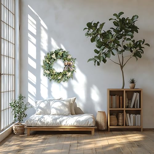 20-Inch Artificial Eucalyptus Wreath with Burlap Bow for Front Door Decor