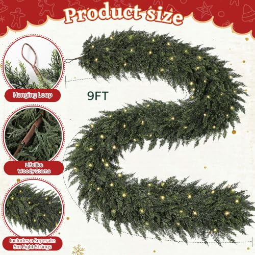 9FT Real Touch Cedar Christmas Garland with Seperate String Lights - Green Moon