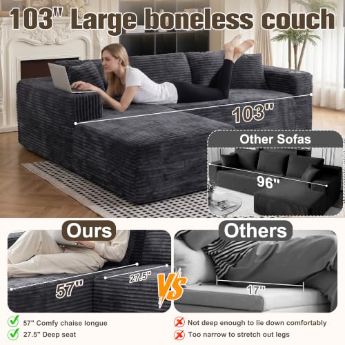 103-inch Modular L-Shaped Sectional Sofa with Cup Holders, Dark Gray Corduroy