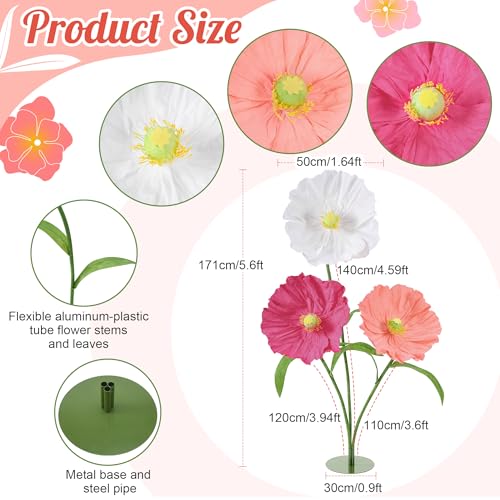 Giant Artificial Paper Flowers Set of 3 - 5.6 Ft Wedding & Party Decor, White & Pink