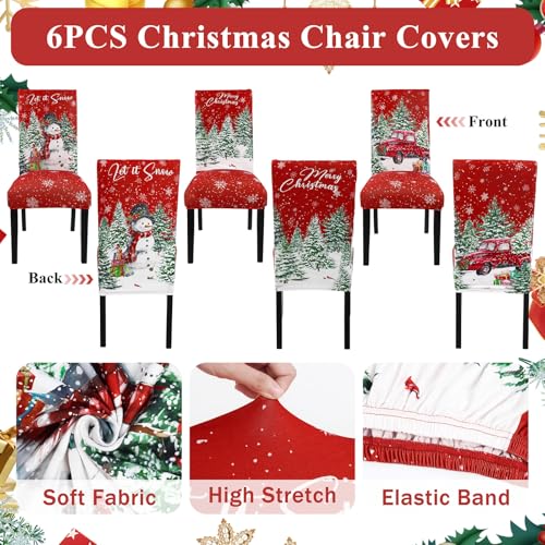 Christmas Chair Covers Set of 6 with Snowman Truck & Tree Design - Stretch Fit Holiday Slipcovers