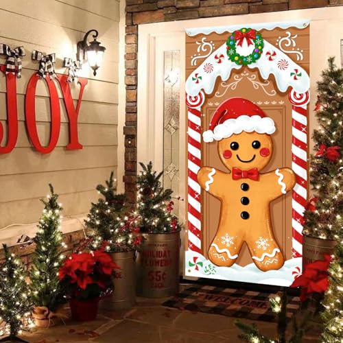 72in Christmas Gingerbread Door Cover, Fabric Banner Decor for Indoor/Outdoor Festive Front Door