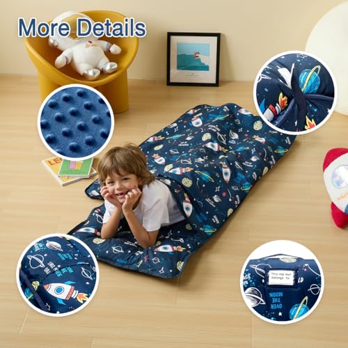 Toddler Nap Mat with Removable Pillow and Minky Blanket for Daycare