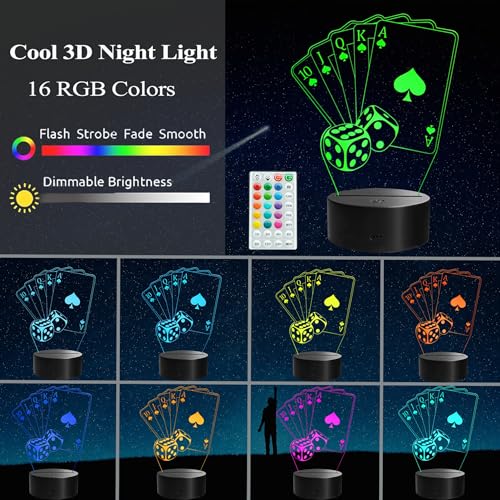 3D Poker Night Light with 16 Colors, Dimmable LED Desk Lamp for Man Cave