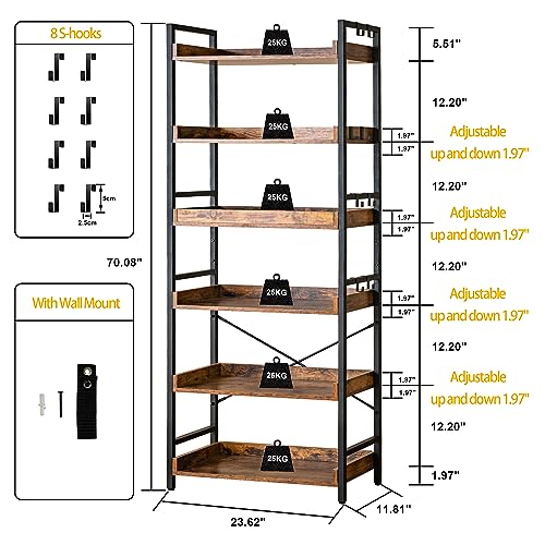 6-Tier Adjustable Industrial Bookcase with Storage Hooks, Rustic Wood