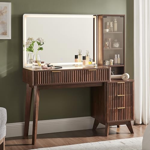48-Inch Fluted Makeup Vanity Desk with Lighted Mirror and 5 Drawers