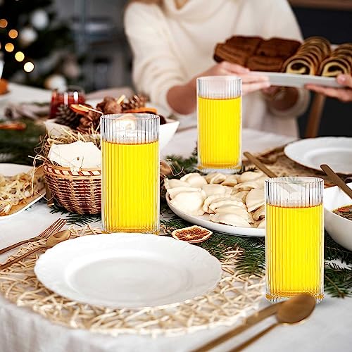 12 Pcs Ribbed Drinking Glass Set - Clear Vintage Highball Glasses 9 oz & 12 oz