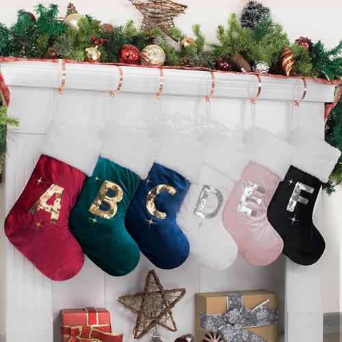 BHD Beauty Initial Green Velvet Silver Sequin Stocking with Monogram Letter C – 20-Inch Christmas Decoration