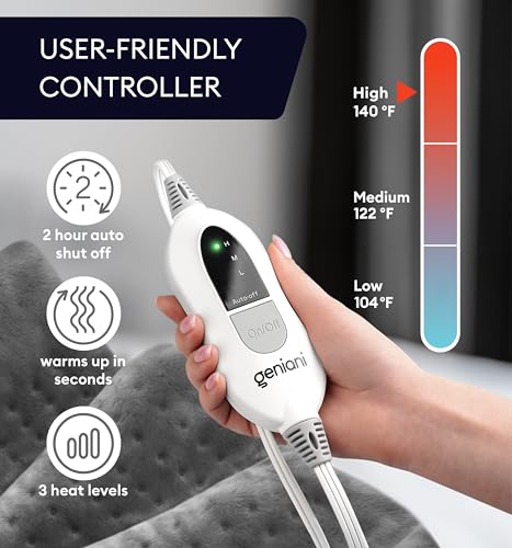GENIANI Electric Heating Pad for Back Pain & Cramps - 12"x24" Microplush