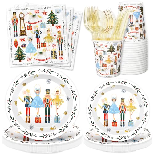 Nutcracker Christmas Party Tableware Set - 175 pcs Watercolor Holiday Disposable Dinnerware for 25 Guests