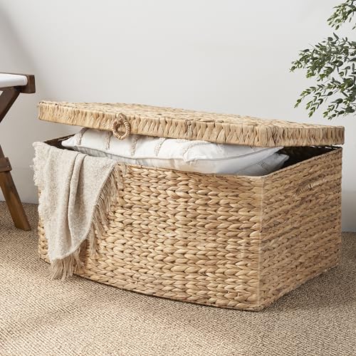 SOL HOME Water Hyacinth Woven Wicker Storage Trunk with Handles - Natural Brown, 26x19x14 in