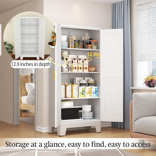 61-inch Metal Storage Cabinet with 3 Adjustable Shelves, White Steel Pantry