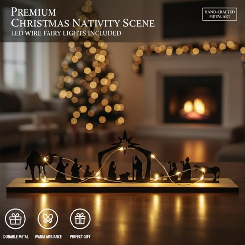 Nativity Scene Tabletop Decor, Metal Silhouette with Wooden Base