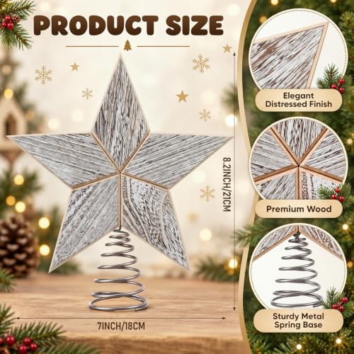 Farmhouse Christmas Star Tree Topper Wooden Decor 10 Inches - Gejoy