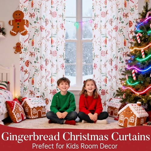 BROSHAN White Christmas Sheer Curtains 2-Panel Set 52W x 63L - Gingerbread & Candy Cane Pattern