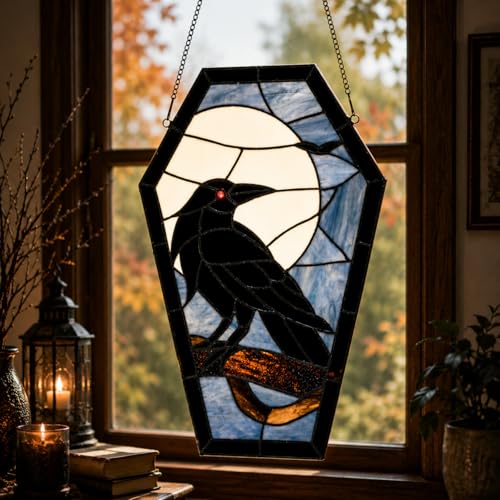 Bieye Gothic Raven Stained Glass Window Panel - Halloween Sun Catcher, Coffin Shape, 16 Inches