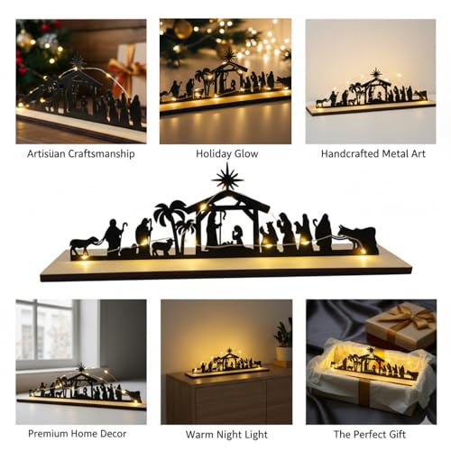 Black Metal Nativity Scene Silhouette Centerpiece with Wooden Base