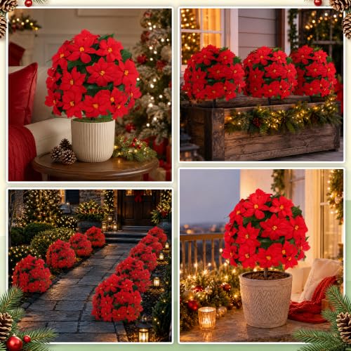 Grooy 2 Pack Christmas Artificial Topiary Balls with Poinsettia Flowers Outdoor