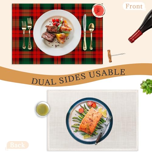 Christmas Plaid Placemats Set of 6 - Washable 12x18 Inch Linen Table Mats, Green & Red Holiday Decor