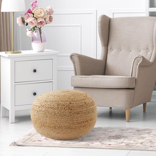Hand-Braided Jute Pouf Ottoman, 19-Inch Round Woven Footrest for Living Room