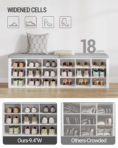 18-Cubby Shoe Storage Bench with Cushioned Seat - White Entryway Organizer