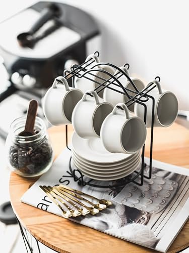 YHOSSEUN Reactive Beige 4 oz Espresso Cups Set of 6 with Saucers Spoons & Stand