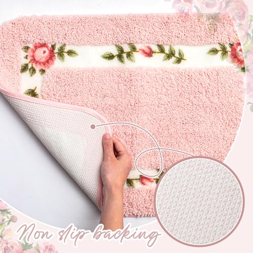 3-Piece Rose Floral Bathroom Rug Set, Non-Slip Pink Bath Mat & Toilet Cover