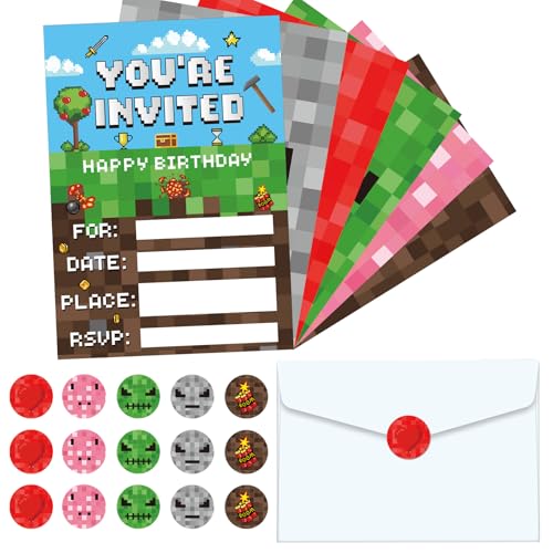 30-Piece Pixel Video Game Birthday Party Invitations with Envelopes & Stickers