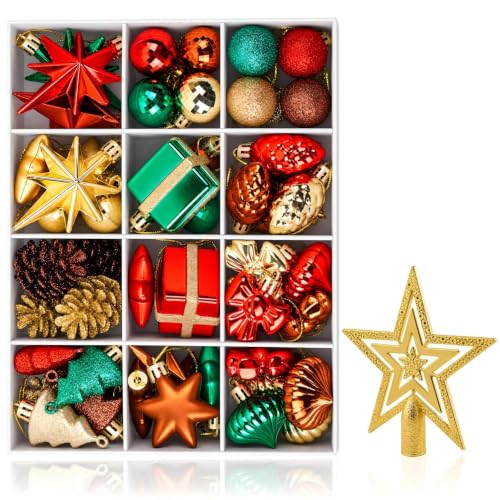JOIVORAN 63pcs Mini Christmas Ornaments Set - Red, Green & Gold Holiday Decor