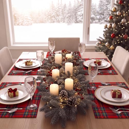Dunzy Red Christmas Tartan Plaid Placemats Set of 8 – Holiday Table Decor