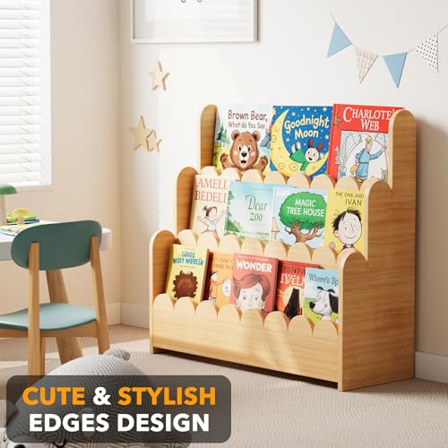 3-Tier Wooden Montessori Bookshelf for Toddlers - Scalloped Kids Bookcase