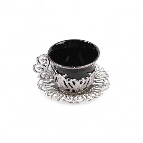 Alisveristime 12 Pc Turkish Greek Arabic Coffee Espresso Cup Saucer Porcelain Set (Black Silver)