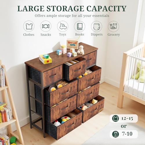 9-Drawer Fabric Dresser Chest of Drawers with Wood Top & Metal Frame