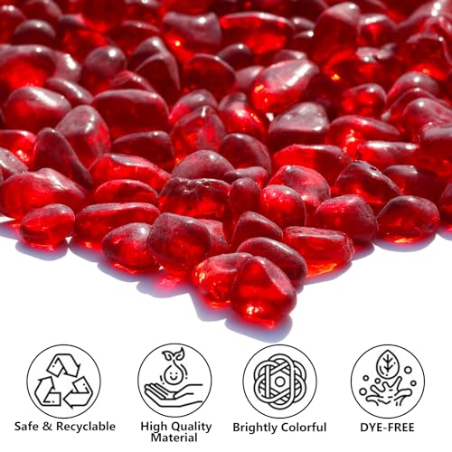 Red Clear Glass Pebbles Gemstones - 14oz Aquarium Rocks & Vase Fillers